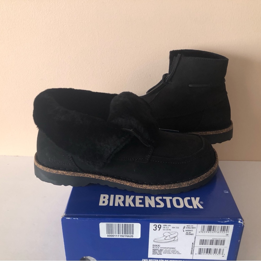 Birkenstock Bakki black leather shearling boot. Hydrophobic. Size: 8